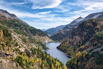 Scenic view of lake by mountains against sky