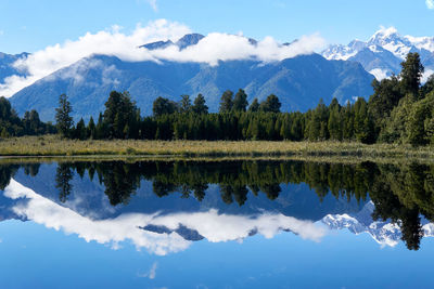 Picturesque lake with reflection of snow clad mountains