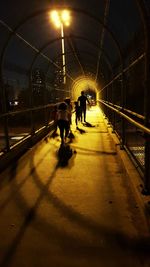 Rear view of people walking on illuminated footpath