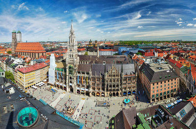 Aerial view of munich marienplatz, neues rathaus frauenkirche from st. peter's church, germany