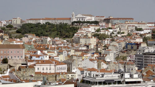 Buildings in city against clear sky