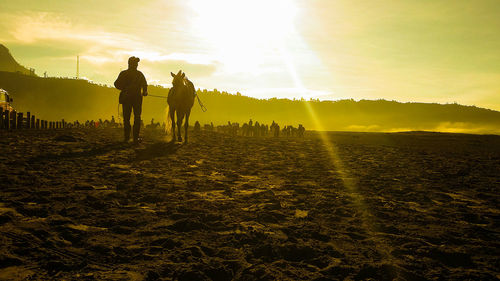 People with horses on field at sunset