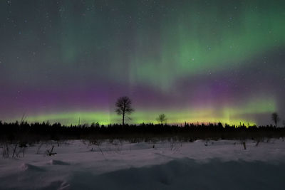 Scenic view of snow covered landscape against sky at night