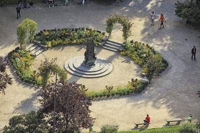 High angle view of people walking on street