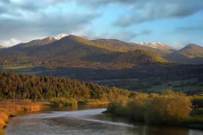 Scenic view of lake and mountains against sky