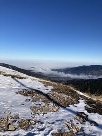 Scenic view of snow covered landscape against clear blue sky