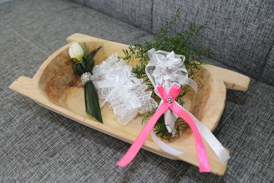 High angle view of bouquet on table