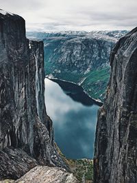 Scenic view of lake by mountain against sky