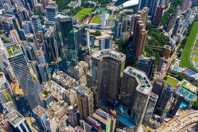 High angle view of modern buildings in city