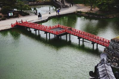 Tourists on bridge over river