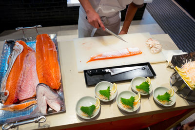 High angle view of sushi served on table