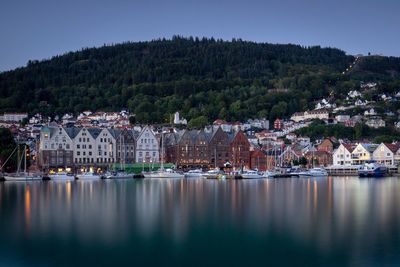 Scenic view of lake by buildings in town