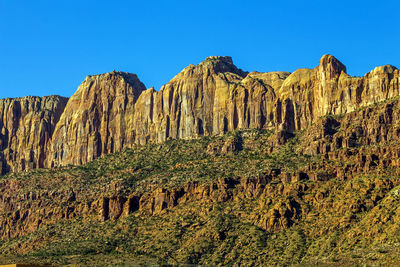 Scenic view of mountains against clear blue sky