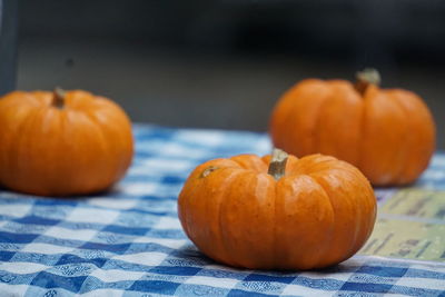 Close-up of pumpkins on table