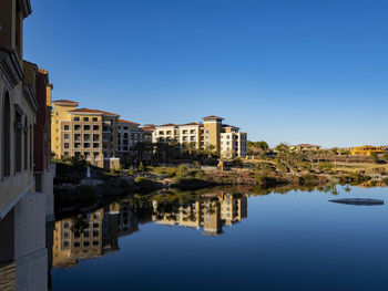 Reflection of buildings in lake against blue sky