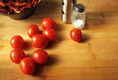 High angle view of tomatoes on table