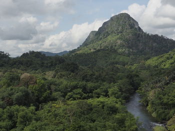 Scenic view of trees and mountains against sky