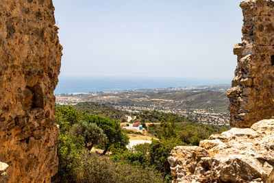 Panoramic view of sea and buildings against clear sky