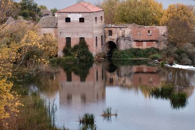 Reflection of trees and building in lake