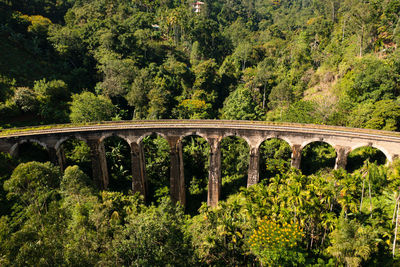 Nine arches bridge in highlands near ella, sri lanka. jungle and tea plantation all around.