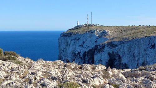 Rocks by sea against clear blue sky