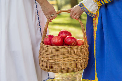 Woman with daughter holding apple basket