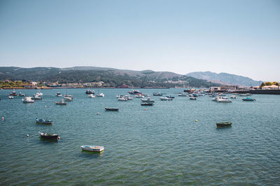 Landscape of many boats in the sea against houses of the town