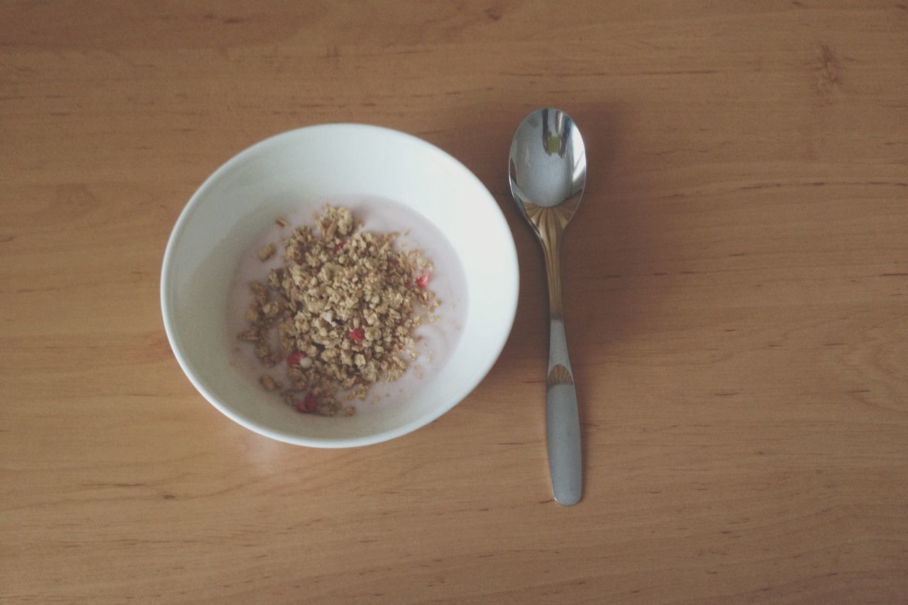 food and drink, table, indoors, food, freshness, still life, healthy eating, bowl, spoon, plate, high angle view, directly above, ready-to-eat, fork, drink, close-up, serving size, breakfast, wood - material, meal