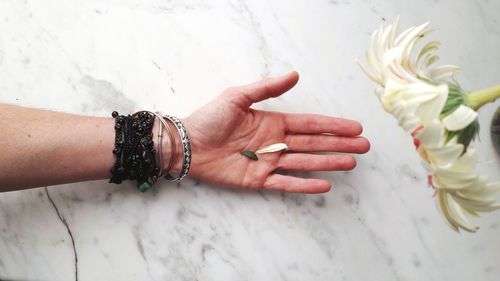 Close-up of woman hand holding flowers