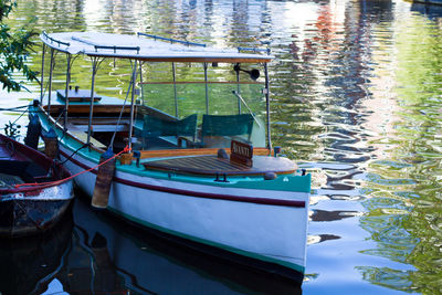 High angle view of boats moored in lake