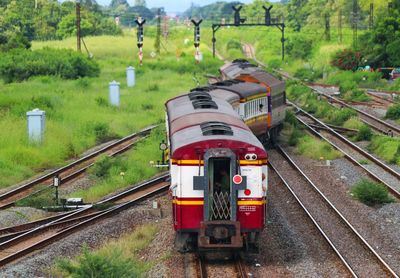 High angle view of train on railroad tracks