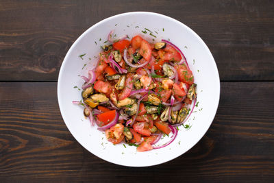 High angle view of food in plate on table