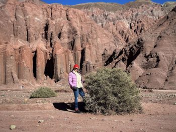 Rear view of woman standing on rock