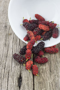 High angle view of strawberries on table