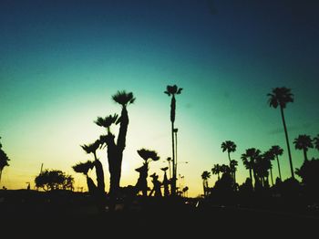 Silhouette palm trees against clear sky during sunset