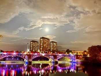 Illuminated city buildings at night