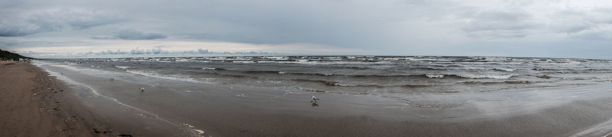 Scenic view of beach against sky during winter