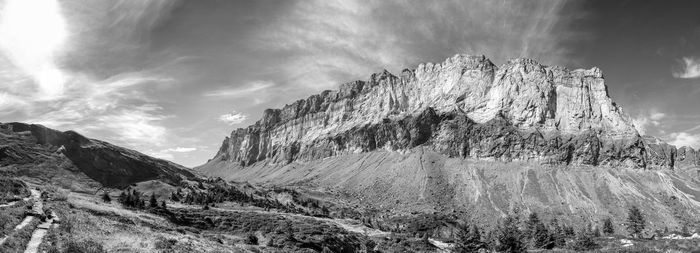 Panoramic view of rock formations against sky