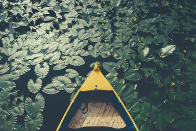 High angle view of yellow boat by leaves in lake