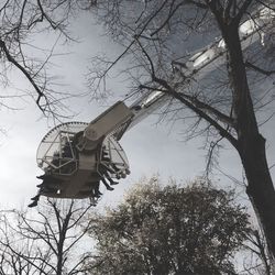 Low angle view of tree and amusement park ride against sky