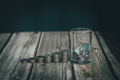 Close-up of coins on table