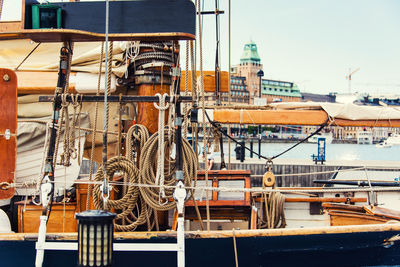 Ropes on a moored ship, sail boat in a stockholm harbour. sweden