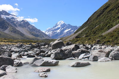 Scenic view of lake and mountains against sky