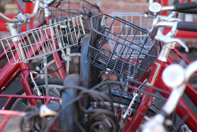 High angle view of bicycles parked in basket