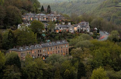 High angle view of buildings in town