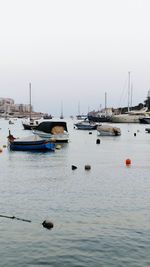 Boats moored at harbor against clear sky