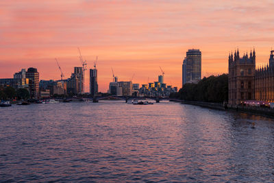 River by buildings against sky at sunset