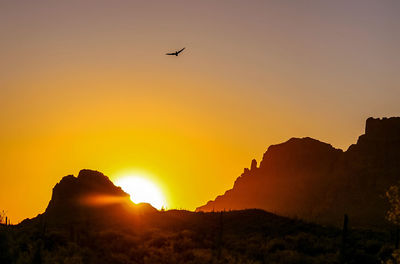 Silhouette of bird flying in sky during sunset