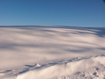 Scenic view of snowcapped mountains against clear blue sky