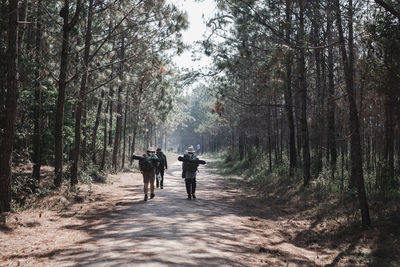Rear view of men walking on footpath in forest